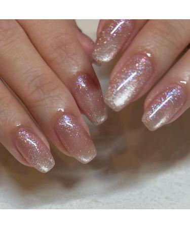 Mouyouglow Press on Nails Kurz Ballerina Rosa Nude Cat Eye Magnetic Fake Nails Art Nails with nail glue pink artificial fingernails AT3