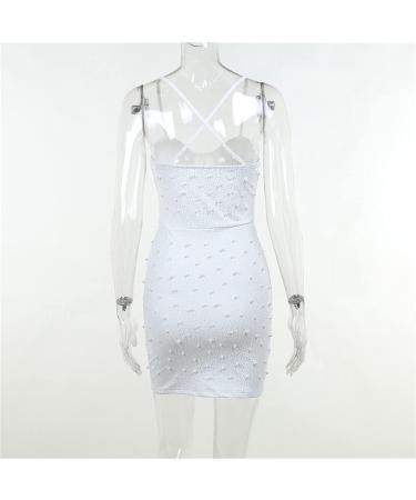Shop Beaded Lace Strap Camisole Hip Skirt Dress - Spring Knitted Sexy Back Dance Dress for Teenagers - White S - Buy Online on GoSupps.com