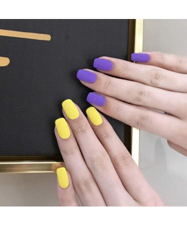 Sethain matt square false nails tips yellow purple wrong fingernails short complete cover 24 pieces press on nail for women and girls