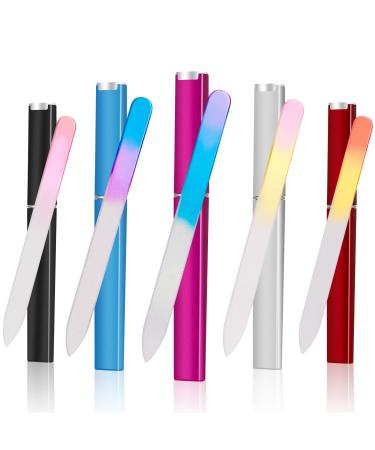 5 Pack Glass Nail File Professional Crystal Nail File Multicolor Crystal Nail File Set with Case Fingernail Files Double-Sided Nail Files for Natural Nails Manicure Tools Gift for Women and Girls Gradient Rose-blue-red-black-silver