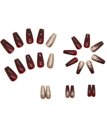 24pcs Short Coffin Red Glitter Gold Stick on False Nails | Press on Removable Glue-on Full Cover Fake Nails - Women Girls Nail Art Accessories - Buy Online on GoSupps.com