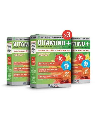 Multivitamin and Mineral Complex Vitamino+ Pack of 3 High Absorption Vitamins A B C D3 E Minerals Amino Acids Zinc Immunity Fatigue 90J Program French Laboratory Eric Favre