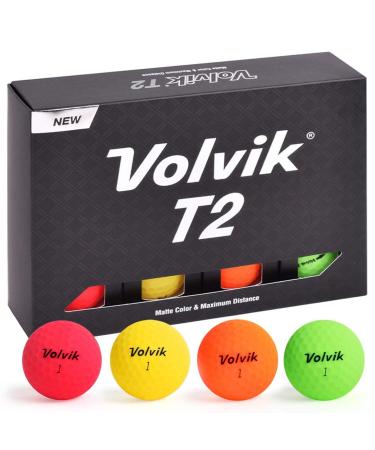 Volvik T2 Ionomer Polymer Low Side Spin Matte Finished Long Distance Balls 2-Pieces, 1 Dozen Multicolor