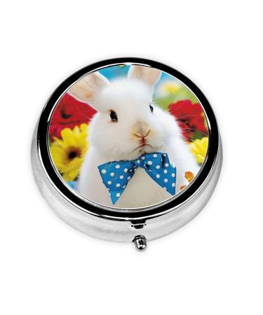 Easter Bunny and Chicks Portable Metal Pill Box Round Mini 3-Compartment Plastic Insert hinged Fastening Design Suitable for Small Pills Must-Have for Travel Black