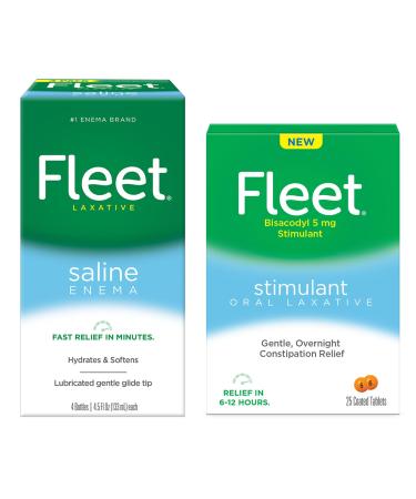 Fleet Laxative Saline Enema for Adult Constipation 4.5 fl oz 4 Bottles Laxative Oral Laxative Stimulant Overnight Constipation Relief Laxative Tablets 25 Count Enema Oral Laxative Bundle