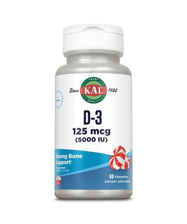 KAL Vitamin D3 5000 IU 125 mcg High Potency Vitamin D Chewables Calcium Absorption Bone Health and Immune Support Supplement Natural Peppermint Flavor 60-Day Guarantee 60 Servings 60 Chews - Buy Online on GoSupps.com