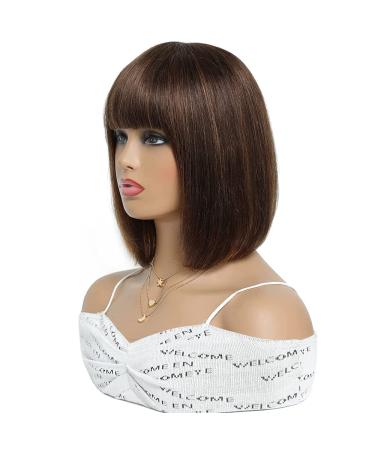 10 Inch Dark Brown Straight Bob Wig with Bangs - Brazilian Remy Human Hair, 130% Density, Glueless Full Machine Made Wig for Black Women - Buy Online on GoSupps.com
