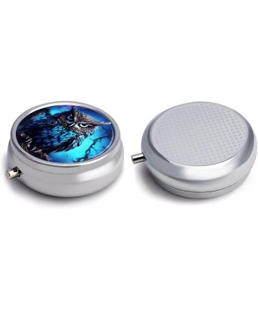 Round Blue Owl Print Pill Box - 3 Compartment Portable Medicine Organizer | Decorative Metal Pocket Pill Case - Buy Online on GoSupps.com