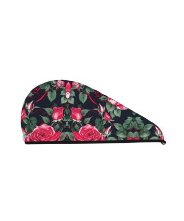 Rose Flower Floral Coral Velvet Dry Hair Cap Caps with Buttons for Drying Curly Long & Thick Hair Anti Frizz