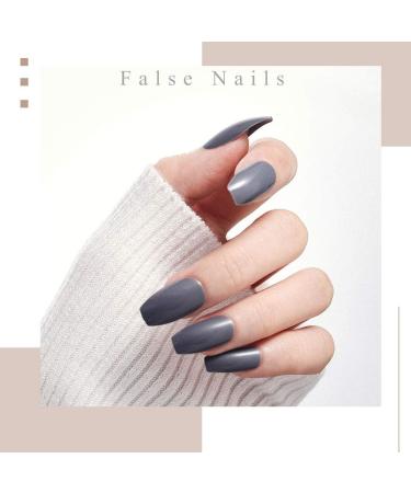 Glossy Coffin Press on Nails Gray Ballerina Full Cover Fake Nails Artificial Acrylic Medium False Nails for Women and Girls (24PCS) - Buy Online on GoSupps.com