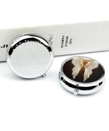 Round Pill Box with Angel Wing Print | 3 Compartment Decorative Metal Pill Organizer | Portable Pocket Pill Case - Buy Online on GoSupps.com