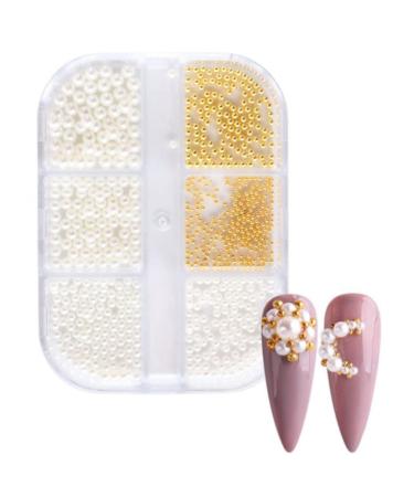 Uinfhyknd 1Box Pearl Decorations Nail Charms White Round Nail Parts Gold Steel Beads Balls Jewelry Nail Art Accessories Color:ZZ01