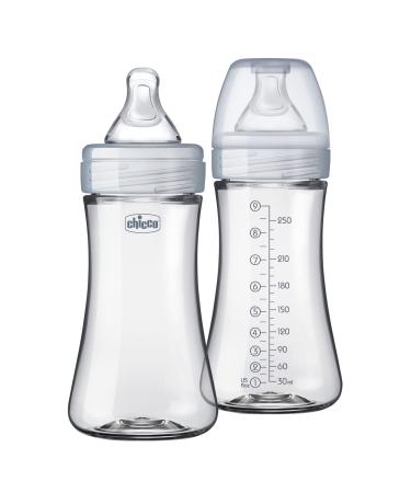 Chicco Duo 9oz. Hybrid Baby Bottle with Invinci-Glass Inside/Plastic Outside 2 Count (Pack of 1) with Slow Flow Anti-Colic Nipple - Clear/Grey Grey Two pack 9 oz. bottles