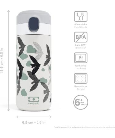 MONBENTO Insulated Bottle MB Pop Birds 360ml - Leakproof, Hot/Cold 12 Hours - Kids School/Park or Adult Handbag - BPA Free - Green Graphic Birds - Buy Online on GoSupps.com