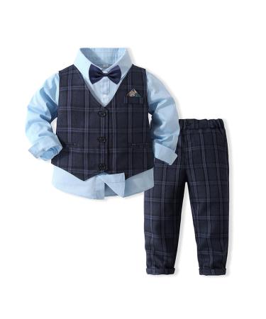 Volunboy Baby Boys Gentleman Suit Toddler Formal Waistcoat Outfit Wedding Shirts + Vest +Bow Tie 4 PCS Set 3-4 Years Blue