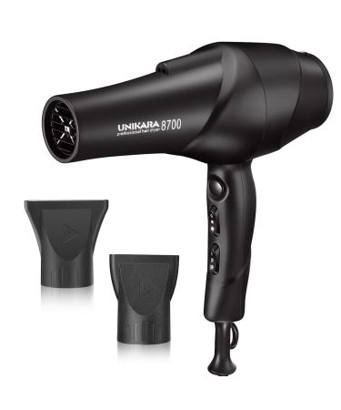 Ionic Hair Dryer, Professional Salon 2000 Watt Blow Dryer, Ceramic Tourmaline Hairdryer with 2 Concentrator, UNIKARA Quiet Lightweight Hair Dryers for Women Men, 2 Speed 3 Heat Settings - Black