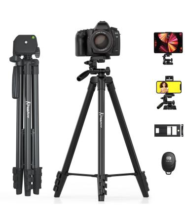 KINGJUE 60'' Camera Phone Tripod Stand Compatible with Canon Nikon DSLR with Universal Tablet Phone Holder Remote Shutter Bubble Level and Carry Bag Max Load 6.6LB 60 inch