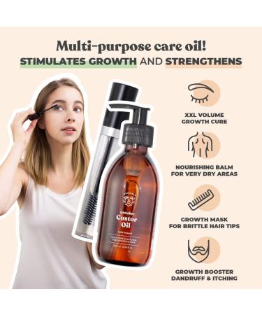 Bionoble Organic Castor Oil 200ml - 100% Pure Cold Pressed for Lashes, Eyebrows, Hair, Beard, Nails - Vegan & Cruelty Free - Glass Bottle with Pump - Includes Mascara Kit - 200ml Pack - Buy Online on GoSupps.com