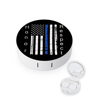 Thin Blue Line American Flag Round Case For Contact Lens Kit Storage Box with Mirror Printed