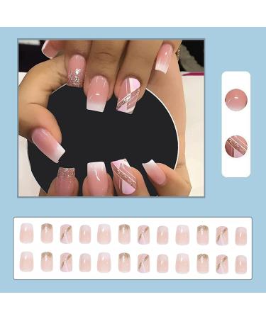 24Pcs Short French Pink Gradient Coffin False Nails with Glitter Sequins Design - Full Cover Acrylic Press on Nails for Women and Girls - Buy Online on GoSupps.com
