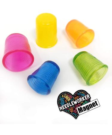 Flexible Rubber Thimble Set for Hand Sewing and Quilting  5 Sizes 14-18  Assorted Colors. 5-pc. Bundle Plus 'Needleworker' Magnet