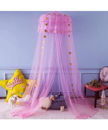 Twinkle Star Kids Netting Princess Bed Canopy 3 Layers Lace Ruffle Dome for Baby, Girls (Pink)
