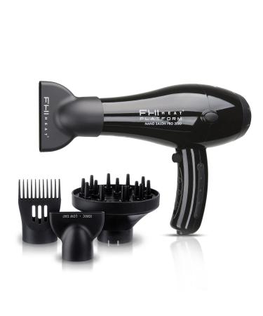 FHI HEAT Platform Nano Power Salon Pro 2000 Tourmaline Ceramic Quick Dry Hair Dryer with 3 Piece Attachment Set (Comb  Concentrator  and Diffuser)  Black