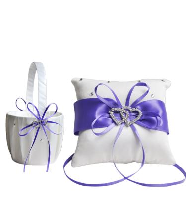 Plcnn 2Pcs Wedding Pillow Ring and Flower Basket Set White Satin Flower Girl Basket Wedding Petals Storage Basket for Wedding Anniversary Celebrations Party Supplies