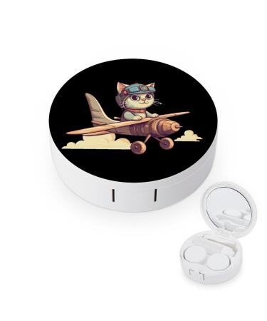 Cat Flying on an Airplane Print Contact Lens Travel Kit Portable Cute Contact Box with Mirror for Daily Outdoor