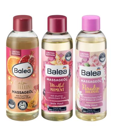 Balea 3 Set Massage Oil: Calm Feeling with fruity-sensible fragrance (100 ml) + mindful moment with floral-sensible fragrance (100 ml) + paradise Dreaming with exotic fragrance flowers & cocos (100 ml) 300 ml