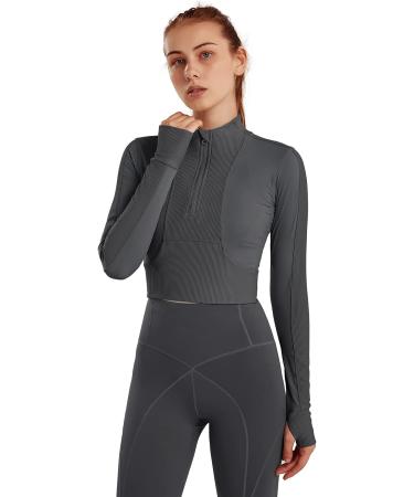 KTILG Women's Cropped Half Zip Pullover Jacket - Deep Grey | Activewear Top for Yoga & Running - Buy Online on GoSupps.com
