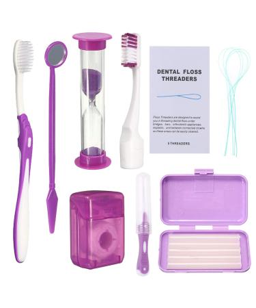 Braces Cleaning Kit for Teeth  Portable Orthodontic Toothbrush Kit Oral Care Dental Travel Kit - Interdental Brush Dental Wax Dental Floss Toothbrush Box (Purple)