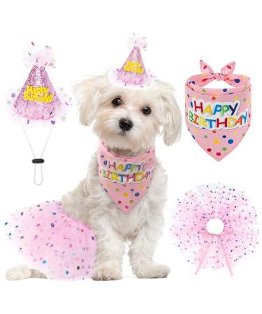 SCENEREAL Dog Birthday Bandana with Hat and Dress Girl Set, Puppy Birthday Party Supplies, Cute Pink Tutu Skirt Outfit for Small Medium Large Dogs