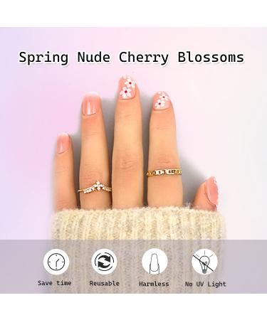 Cherry Blossom Flower Press on Nails - Short Pink Square Fake Nails with Nail Glue | French Acrylic Full Cover False Nails for Women & Girls - 24PCS - Buy Online on GoSupps.com