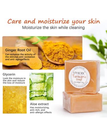 Liyalan Turmeric Soap Bar - 3.88 oz (2 Bars) for Face & Body | Acne, Dark Spots, Hyperpigmentation, Smooth Skin | Natural Handmade Soap - Buy Online on GoSupps.com