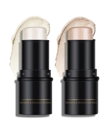 Ownest 2 Colors Highlighter Stick  Shimmer Cream Powder Waterproof Light Face Cosmetics  Creamy Self Sharpening Crayon Stick Highlighter  by Ownest Beuaty-Set D