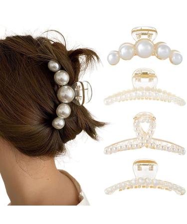 Formery 4PCS Pearl Hair Claw Clips Acrylic Fancy Hair Clips Thick Hair Barrette Jaw Clamp Curly Hair Accessories for Women