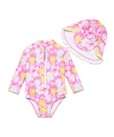 BONVERANO Baby Girls Swimsuit Toddler Bathing Suit Long-Sleeve Zipper One Piece Swimwear with UPF 50+ Sun Protection 2-3 Years Pink Yellow