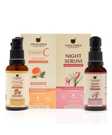 UPAKARMA Vitamin C Face Serum 30ML and Night Serum with Saffron 30ML //Support Restore and Renews Your Skin with Hyaluronic Acid Vitamin E Saffron and Aloe Vera - PACK OF 2 (Ultimate Combo)