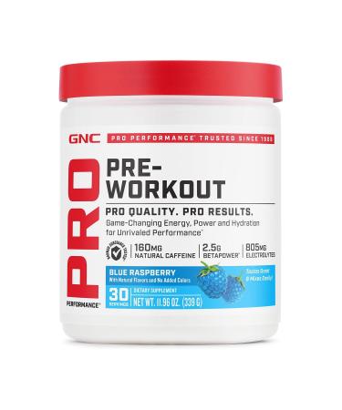 GNC Pro Performance Pre Workout Powder for Men and Women Energy Hydration and Focus Sugar Free Gluten Free Performance Supplement Blue Raspberry 30 Servings