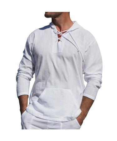 MIUERSA Men Linen Long Sleeve Hooded Sweatshirts Pullovers Lightweight V-Neck Lace Up Casual Loose Hippie Shirts Hoodies White X-Large