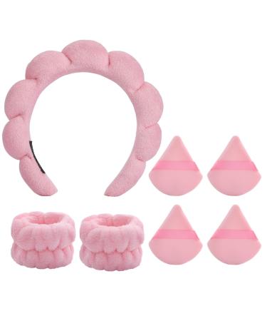 YANGYICHEN 7 Pcs Spa Headband for Washing Face - Puffy Makeup Skincare Headband Bubble Soft Hairband for Women Girls - Sponge & Terry Cloth Spa Headband and Wristband Set  Fashion Headwear (Pink)