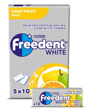 FREEDENT WHITE - White Sugar Free Chewing Gum - Fruit Flavor - 5 Packs of 10 Dragees - Xylitol Chewing Gum with Micro Crystals for White Teeth