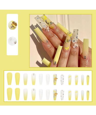 JUSTOTRY 24 Pcs Diamante Lemon French Press-on Nails with Flower Designs | Nude Medium Ballerina False Nails for Women | Acrylic Coffin Nails with Glue for Nail Art - Buy Online on GoSupps.com