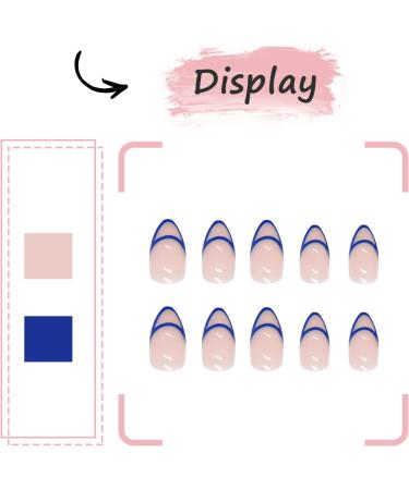 24Pcs Short Blue Line Almond Press on Nails - Glossy Geometric French Tips for Women - Buy Online on GoSupps.com