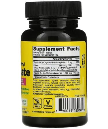 Jarrow Formulas Methyl B-12 & Methyl Folate Chewable Tablets - Lemon Flavor - Pack of 2 - 200 Total Servings - Buy Online on GoSupps.com