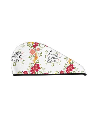 Hair Towel Wrap Hair Drying Towel with Button Towel Turban Head Towel to Dry Hair Quickly (Home Sweet Home Floral)