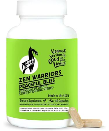 Herb Llama Zen Warriors Mood Support Supplement | Magnesium Ashwagandha 5 HTP GABA | Plant-Based Superfood & Energy Booster | GMO-Free | 60 Capsules - Buy Online on GoSupps.com