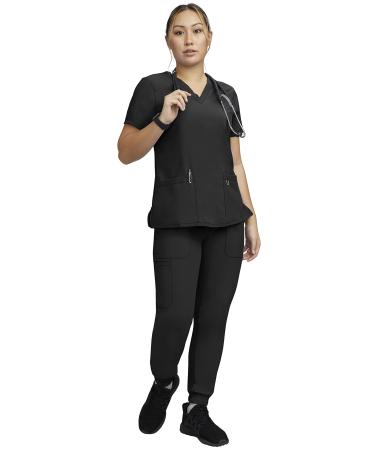 STAT MEDICAL WEAR Women Scrub Set V-Neck Top with 3 Pockets and Drawstring Jogger Pant with 5 Pockets - 100210 Medium Black