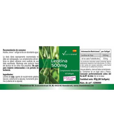 Lecithin 500 mg - 60 Softgels | Standardized 10% Phosphatidylcholine | Safe Dosage | Buy Online at Vitamintrend - International Shipping Available - Buy Online on GoSupps.com